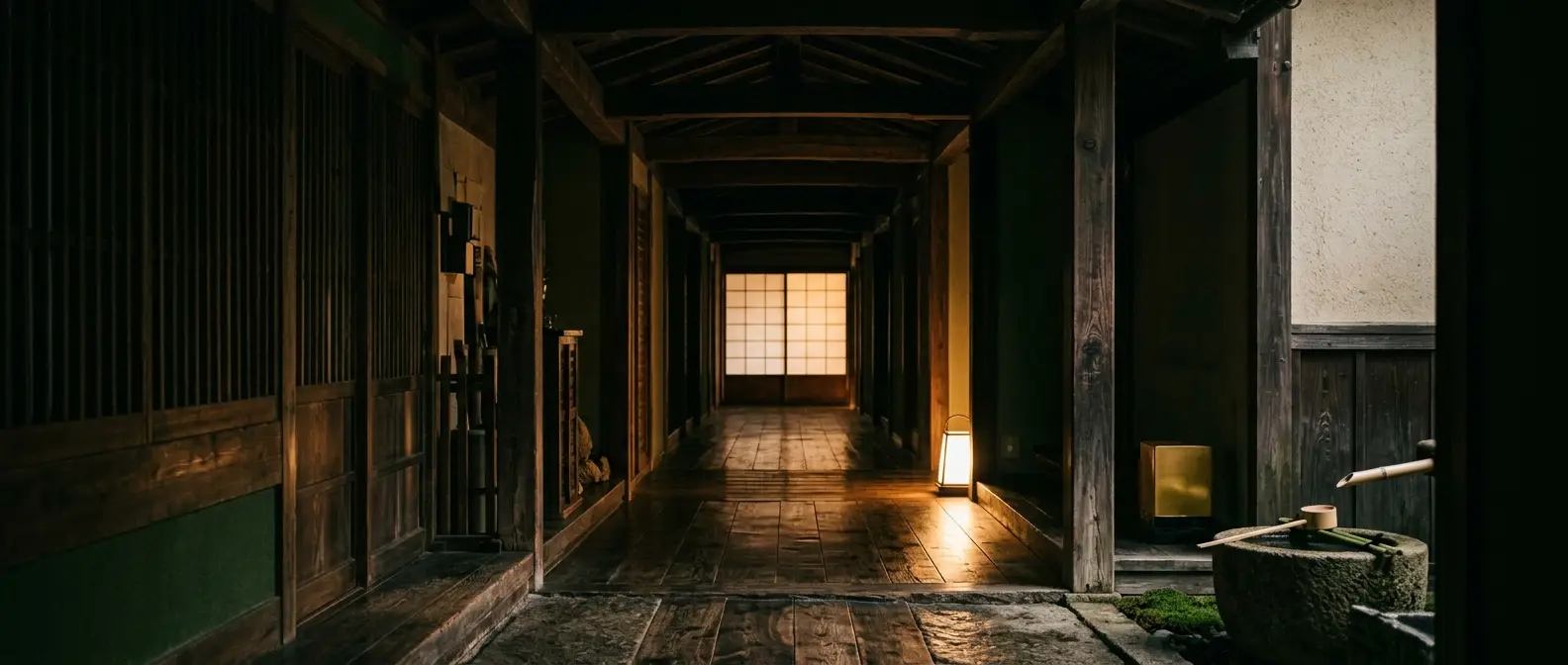 A timber passage with warm light at its far end