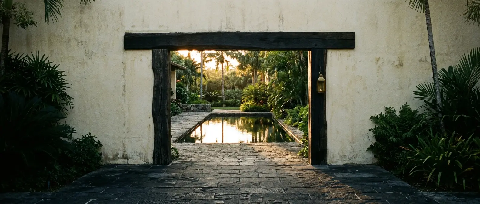 A timber threshold opening onto a garden and still reflection pool